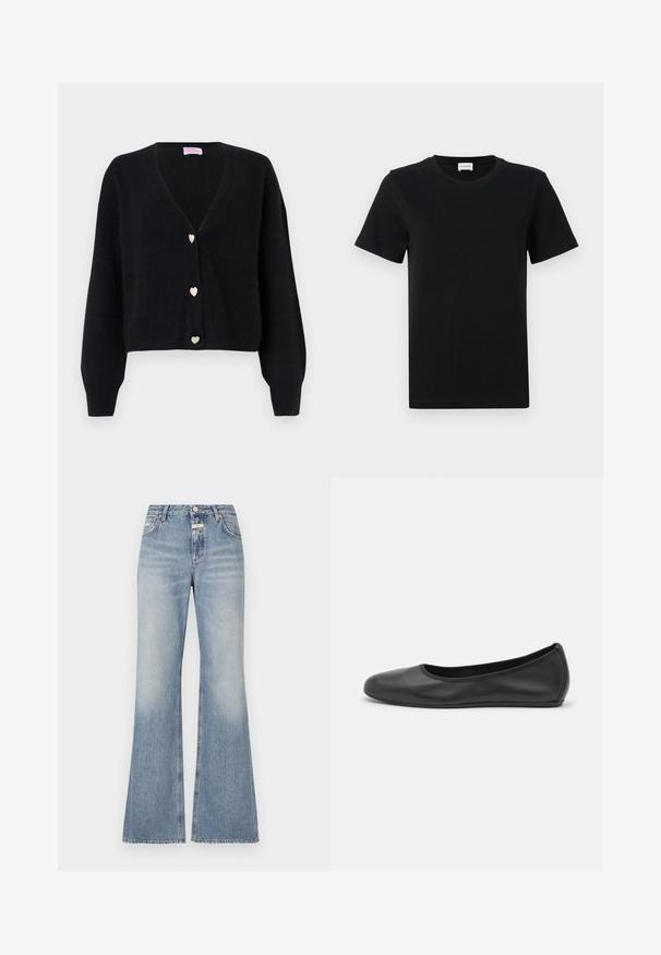 Zwarte V-hals cardigan met lange mouwen en drie decoratieve knopen in de vorm van hartjes aan de voorkant.; Zwart katoenen t-shirt met korte mouwen en een ronde hals, met een subtiele logodetail op de onderste voorkant, en een rechte zoom.; Lichtblauwe uitlopende jeans van denim materiaal, met een hoge taille, een lichte vervaging aan de voorkant en een rauw zoom aan de broekspijpen.; Zwarte leren ballerina met een ronde neus, gladde textuur, minimale stikdetails en een flexibele zoolontwerp.