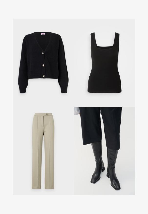 Sort cardigan med V-hals, lange ærmer og tre dekorative hjerteformede knapper foran.; Sort ærmeløs tanktop med firkantet halsudskæring, lavet af glat stof; tætsiddende design uden mønstre eller hardware-detaljer.; Beige skræddersyede bukser med lige pasform, der har en frontlynlås, en enkelt knaplukning og diskrete pressede folder ned ad frontbenene.; Sorte læder støvler til knæene med firkantet tå og blokhælc. Har en sidezipper og glat tekstur.
