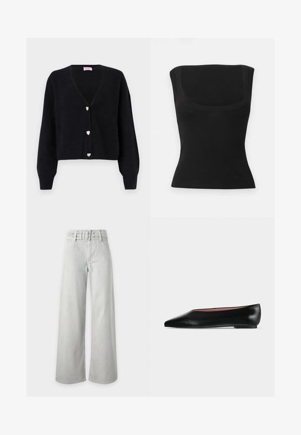 Cardigan noir à col en V avec manches longues et trois boutons décoratifs en forme de cœur sur le devant.; Haut noir ajusté sans manches avec un large décolleté carré et un tissu lisse, présenté sur un fond clair uni.; Jean gris clair taille haute à jambes larges, avec poches avant, passants de ceinture et ceinture en tissu assortie avec boucle.; Chaussure plate en cuir noir pour femme, avec bout pointu et petit talon, vue de côté sur un fond gris clair uni.
