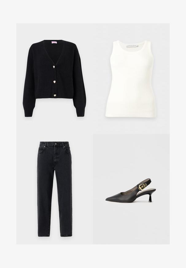 Cardigan noir à col en V avec manches longues et trois boutons décoratifs en forme de cœur sur le devant.; Débardeur blanc côtelé sans manches avec encolure ronde, coupe ajustée, et étiquette de la marque à l'intérieur du col arrière.; Pantalons en jean noir avec une coupe droite, comportant cinq poches, une fermeture à bouton et un détail de couture visible.; Chaussure à talon haut noire à bride arrière, avec un bout pointu, une texture en cuir lisse et une accent de boucle dorée sur la bride.