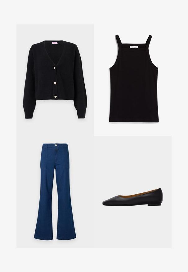 Cardigan noir à col en V avec manches longues et trois boutons décoratifs en forme de cœur sur le devant.; Débardeur noir à fines bretelles, en tissu côtelé, avec une coupe droite et une étiquette au niveau du col indiquant "IVY OAK."; Jean en denim bleu foncé à taille haute, coupe évasée, avec poches plaquées à l'avant et fermeture par boutons, présenté sur un fond blanc.; Chaussure plate en cuir noir à bout pointu avec talon bas et finition lisse, vue de côté sur un fond gris clair.