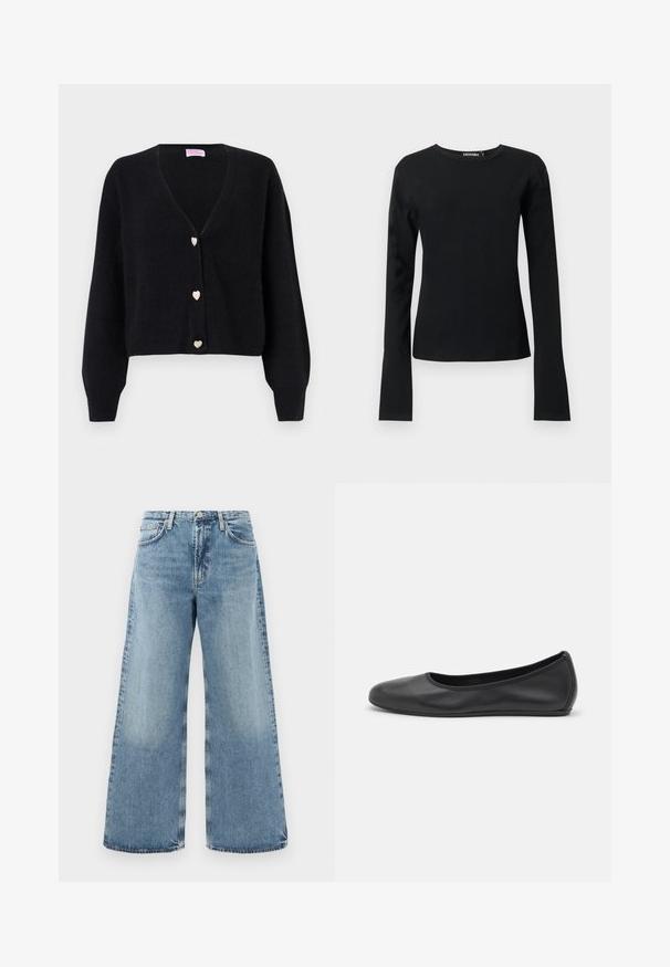 Cárdigan negro de escote en V con mangas largas y tres botones decorativos en forma de corazón en la parte delantera.; Camiseta negra ajustada de manga larga con cuello redondo, dobladillo recto y tejido suave, mostrada sobre un fondo liso y claro.; Vaqueros de mezclilla de un azul claro, de pierna ancha y cintura alta, con diseño tradicional de cinco bolsillos, costuras visibles y un acabado sin dobladillo.; Bailarina de piel negra con punta redondeada, textura suave, detalle de costura minimalista y diseño de suela flexible.