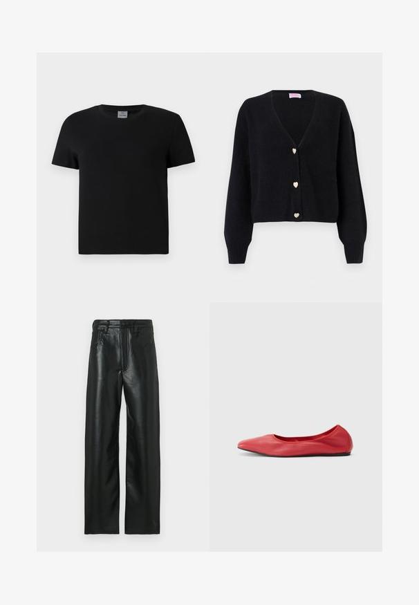 Cárdigan negro de escote en V con mangas largas y tres botones decorativos en forma de corazón en la parte delantera.; Camiseta de algodón negra con cuello redondo y mangas cortas. Diseño sencillo, sin patrones ni acentos, con un corte recto en la cintura.; Pantalones negros de cuero con corte recto, que cuentan con cierre de botones, trabillas para cinturón y dos bolsillos frontales. Textura suave con un ligero brillo.; Filippa K REY FLATS - Bailarinas - bright red