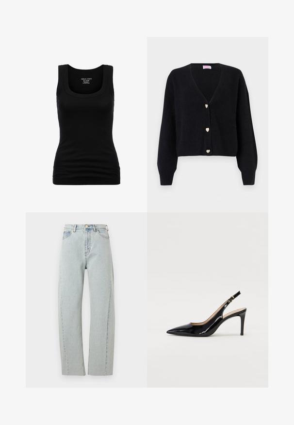 Cardigan noir à col en V avec manches longues et trois boutons décoratifs en forme de cœur sur le devant.; Débardeur noir à col rond et bretelles larges, en coton extensible, présentant une silhouette ajustée et une texture lisse.; Jean bleu clair taille haute à jambe droite avec poches avant, fermeture à bouton, et une couture visible le long de chaque jambe.; Pompe slingback en cuir verni noir avec un bout pointu, un talon fin et un design de découpes subtil. Elle dispose d'une boucle dorée sur la sangle.