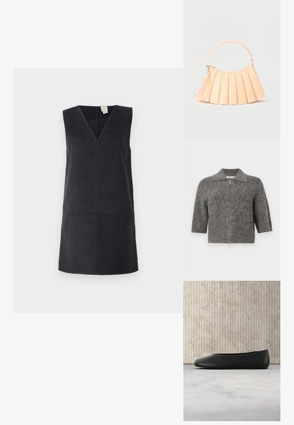 Cardigan court en tricot gris à manches courtes avec col et fermeture à glissière métallique à l'avant, présenté sur un fond blanc uni.; Robe sans manches gris foncé avec un décolleté en V profond, fabriquée à partir d'un mélange de laine douce, présentant une silhouette droite et des détails de couture.; Ballerine en cuir noir avec un bout arrondi, texture lisse et un accent logo doré sur le côté. Placée au-dessus d'une surface réfléchissante.; Sac à main plissé beige avec poignée arrondie et bandoulière détachable, présenté sur un fond clair uni.