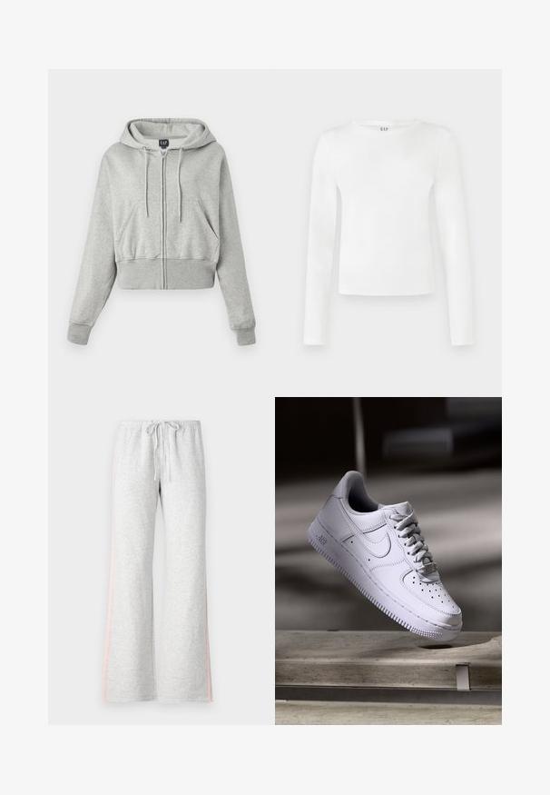 Geknipte grijze hoodie van zacht materiaal, met een ritssluiting aan de voorkant, een capuchon met trekkoord en twee voorzakken met geribbelde manchetten.; Langsleeve, ronde hals shirt in effen witte stof. Heeft een aansluitende pasvorm met een gladde textuur en een subtiele merklogo bij de hals.; Grijze sweatpants met een drawstring taille, rechte pijpen en een lichtroze zijstreep. Gemaakt van zachte, comfortabele stof.; Witte Nike Air Force 1 sneaker die zweeft boven een betonnen oppervlak met schaduwen in een minimalistische setting.