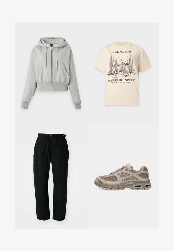 Sudadera corta gris hecha de una tela suave, con una cremallera frontal, capucha con cordón y dos bolsillos frontales con puños acanalados.; Camiseta beige con escena del desierto en negro que presenta cactus, montañas y pájaros, etiquetada "Billabong Heading West Since Seventy Three."; Pantalones ligeros negros con cinturilla elástica y cinturón ajustable. Cuentan con piernas estrechas y paneles de rodilla reforzados para mayor durabilidad.; Zapatilla deportiva beige con parte superior de malla, acentos moldeados, punta redondeada y amortiguación de aire visible en la suela. Cintas en tono neutro.