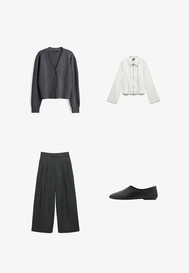 Cardigan en tricot côtelé gris foncé avec des manches longues, décolleté en V et trois boutons noirs sur le devant.; Chemise blanche à manches longues avec col pointu et fermeture éclair avant, coupe ajustée, présentée sur un fond blanc uni.; Pantalon large noir cropped avec plis avant, passants de ceinture, fermeture à bouton et fermeture éclair, et détail de couture au-dessus de l'ourlet.; Chaussure plate noire minimaliste avec un bout amande arrondi et un talon bas, tige en cuir lisse, style enfiler.