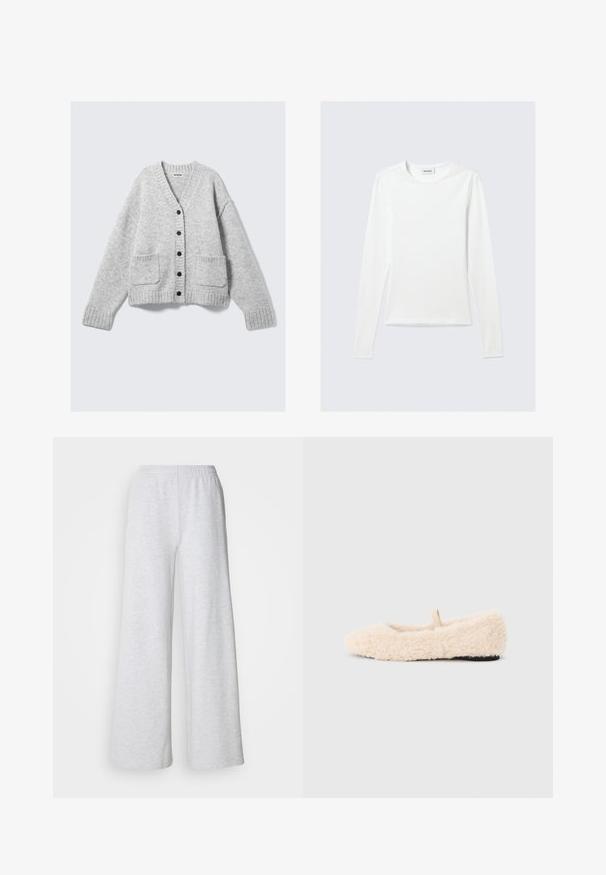 Cardigan gris en maille avec un col en V, des poignets côtelés et deux poches frontales. Comprend six boutons noirs centrés. Texture douce.; T-shirt blanc uni à manches longues avec col rond et coupe slim, présenté sur un fond gris clair.; Pantalons larges gris clair avec une taille élastique, fabriqués en tissu doux avec une texture subtile et sans motifs ou accents visibles.; Chausson doux, de couleur crème, avec une texture moelleuse, un bout arrondi, un design minimal et une petite boucle en tissu à l'arrière pour un enfilage facile.