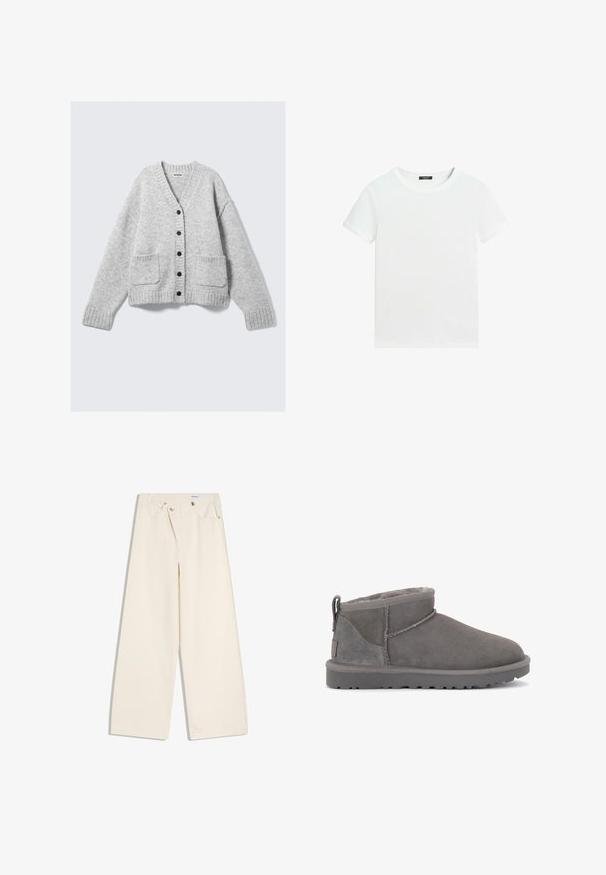 Grå strikket cardigan med V-hals, ribstrikkede ærmekanter og to forlommer. Har seks sorte knapper langs midten. Blød tekstur.; Almindelig hvid T-shirt med korte ærmer, rund halsudskæring og lille sort label inden i kraven.; Off-white bukser med vidde i benene, foranlommer, bærestropper og sølvknapper på linningen og lommekanter.; Grå ruskinds ankelstøvler med en blød indersål, minimal syning og en formstøbt gummisål. Har en løkke bagpå.