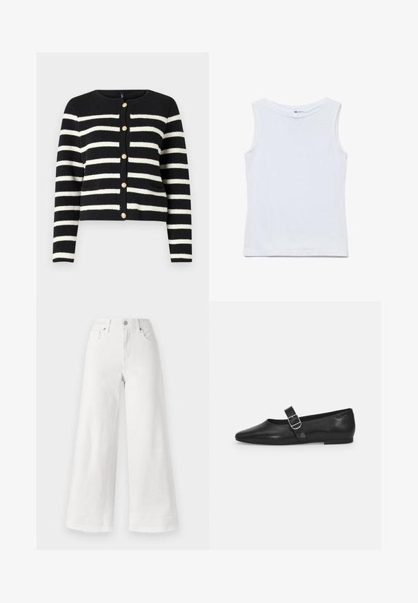 Cardigan rayé noir et blanc avec un col rond, boutons dorés sur le devant et deux poches avant. Tissu en maille texturée.; Haut blanc sans manches en coton avec un large col rond et un ourlet droit, présenté à plat sur un fond blanc.; Jean large blanc en denim, avec une taille haute, un design à quatre poches et un ourlet brut en bas pour ajouter de la texture.; Chaussure plate en cuir noir avec un bout arrondi, une seule sangle réglable à boucle et une texture lisse et brillante. Design minimaliste avec un petit talon.