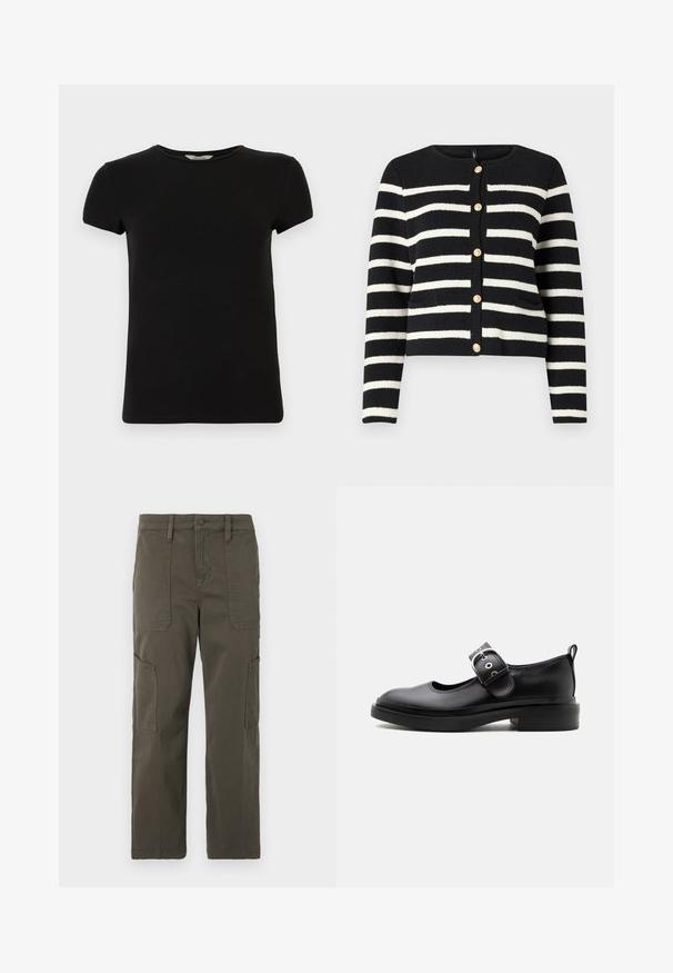 Sort og hvid stribet cardigan med rund halsudskæring, guldknapper foran og to frontlommer. Tekstureret strikstof.; Sort kortærmet t-shirt med rund hals, lavet af glat bomuldsstof, med et enkelt design og uden synlige mønstre eller accenter.; Good American CROPPED PANTS - Cargobukser - fatigue; Sort læder Mary Jane-sko med tyk sål, rundet tå, sølvspænde og trækflig bagpå.
