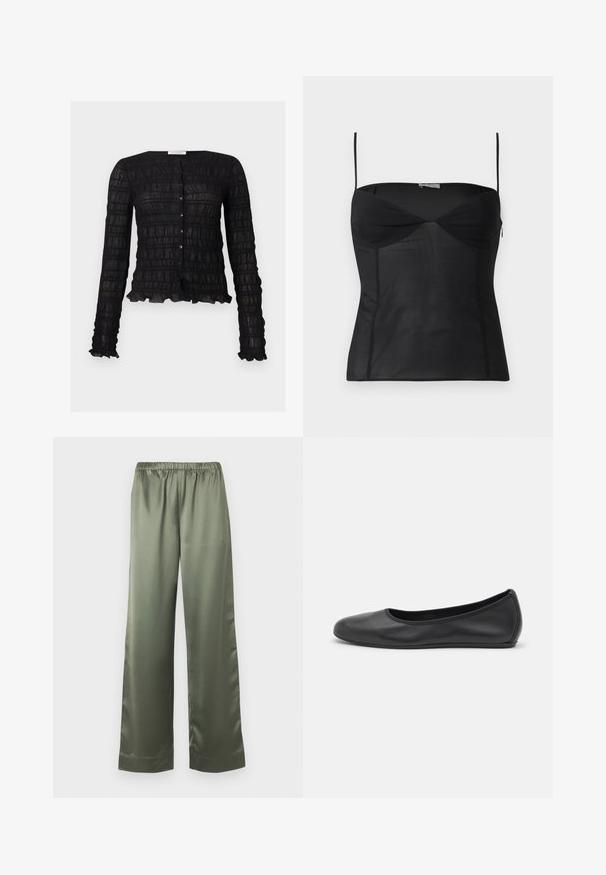 Blouse noire à manches longues avec boutons, motif en grille texturée et bords froncés aux poignets et à l'ourlet.; Haut noir ajusté sans manches avec fines bretelles, encolure en cœur et détails de coutures sur un fond blanc uni.; Pantalon ample en satin vert olive avec une taille élastique et des jambes larges et droites.; Ballerines en cuir noir avec un bout rond, texture lisse, détails de couture minimalistes et design de semelle flexible.