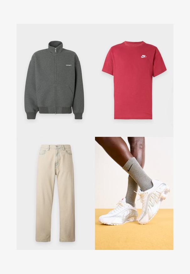Reißverschluss-Sweatshirt in Dunkelgrau aus weichem Stoff. Verfügt über einen hohen Kragen, zwei Fronttaschen und ein kleines weißes Logo auf der Brust.; Rotes Nike-T-Shirt mit kurzen Ärmeln, weißem Logo auf der linken Brust, Rundhalsausschnitt und schlichtem Design auf neutralem Hintergrund.; Hellbeige Jeans aus Denim mit geradem Bein, fünf Taschen und Knopfverschluss. Verfügt über dezentes Verblassen des Stoffes und ein klassisches Design.; Nike-Sneaker in Weiß mit silbernen Akzenten, ausgestattet mit strukturierten Paneelen und Perforationen. Kombiniert mit grauen gerippten Socken, vor einem gelben Hintergrund.
