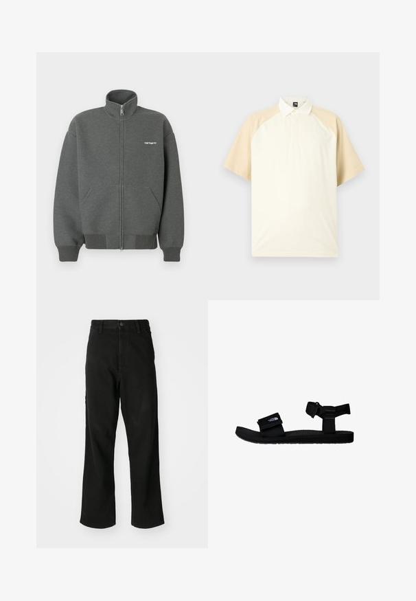 Mikina na zips v tmavosivej farbe, vyrobená z mäkkej látky. Má vysoký golier, dve predné vrecká a malé biele logo na hrudi.; Polokošeľa s krátkym rukávom s béžovými raglánovými rukávmi, krémovým telom a golierom na gombíky na neutrálno sivom pozadí.; Čierne rovné džínsy s gombíkovým zapínaním, pútkami na opasok a prednými vreckami na jednoduchom bielom pozadí.; Čierne sandále s nastaviteľnými textilnými popruhmi, textúrovanou gumovou podrážkou a nášivkou loga. Navrhnuté pre pohodlie a vonkajšie použitie.