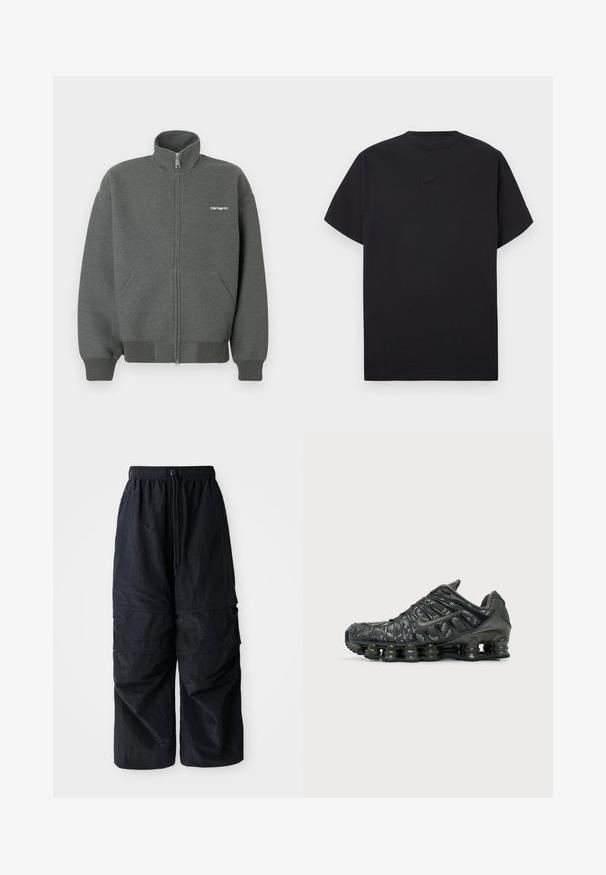 Ritsvest in donkergrijs, gemaakt van zachte stof. Voorzien van een hoge kraag, twee voorzakken en een klein wit logo op de borst.; Zwart Nike-t-shirt met korte mouwen, ronde hals en klein zwart Nike-logo midden op de borst.; Zwarte lichtgewicht nylon cargo pants met elastische tailleband, verstelbare trekkoord en meerdere gelaagde zakken op de benen.; Zwarte Nike hardloopschoen met gesegmenteerde zooldemping en een wit gevlekt patroon op de bovenstof, gezien vanaf de buitenzijde.