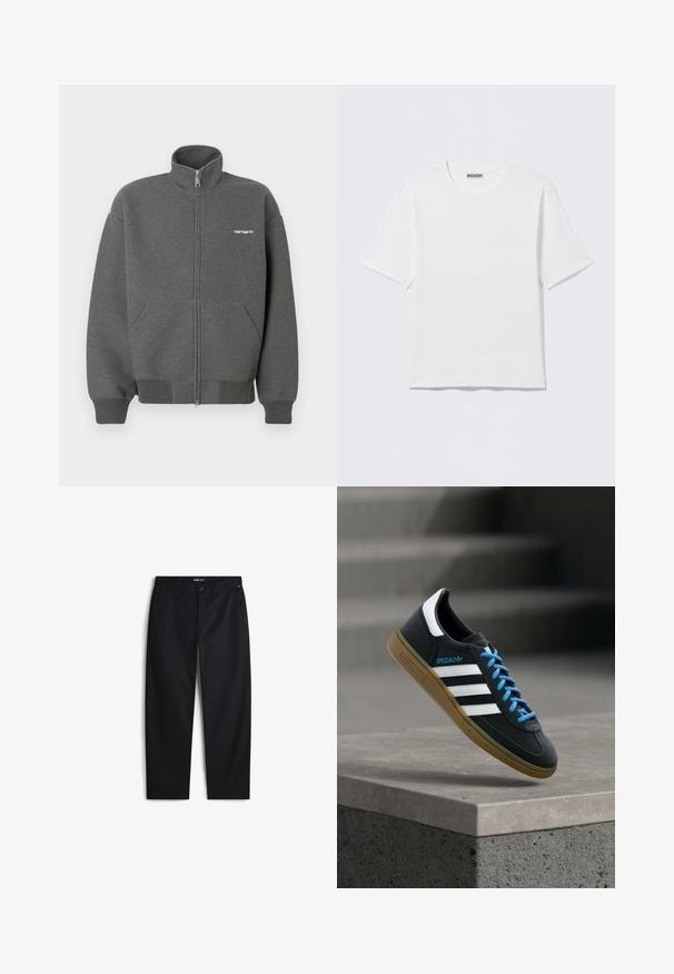 Sweat-shirt à fermeture éclair gris foncé, fabriqué en tissu doux. Dispose d'un col montant, deux poches avant, et un petit logo blanc sur la poitrine.; T-shirt blanc uni à manches courtes et col rond, avec une petite étiquette "WEEKDAY" à l'intérieur du col arrière, présenté à plat.; Pantalon noir en tissu mélangé coton, avec une coupe droite, des poches latérales et une fermeture à bouton. Aucun motif ou logo visible.; Baskets Adidas noires avec des rayures blanches, des lacets bleus et une semelle en gomme flottant au-dessus d'une marche en béton grise sous une lumière douce.