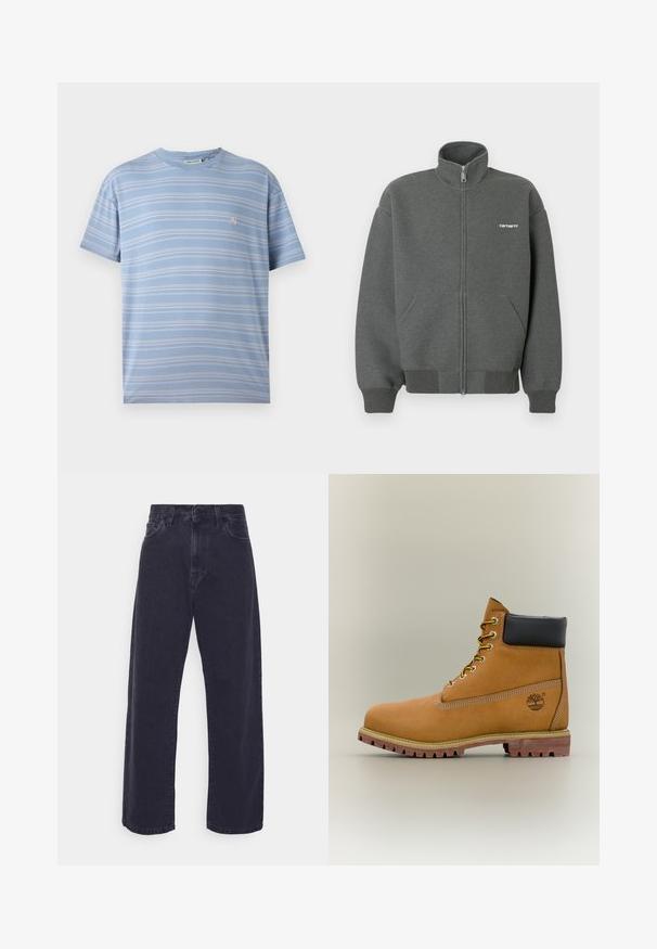Ritsvest in donkergrijs, gemaakt van zachte stof. Voorzien van een hoge kraag, twee voorzakken en een klein wit logo op de borst.; Lichtblauw gestreept t-shirt met horizontale witte strepen, ronde hals en een klein roze logo op de linkerkant van de borst. Zacht katoenen stof.; Donker gewassen denim jeans met een wijde pasvorm, hoge taille en vijf-pocket ontwerp. Beschikt over een klassieke knoop- en ritssluiting.; Bruine leren enkellaars met zwarte kraag, gele veters en een zandkleurige zool. Voorzien van een logo en witte stikseldetails. Robuuste loopzool met grip.