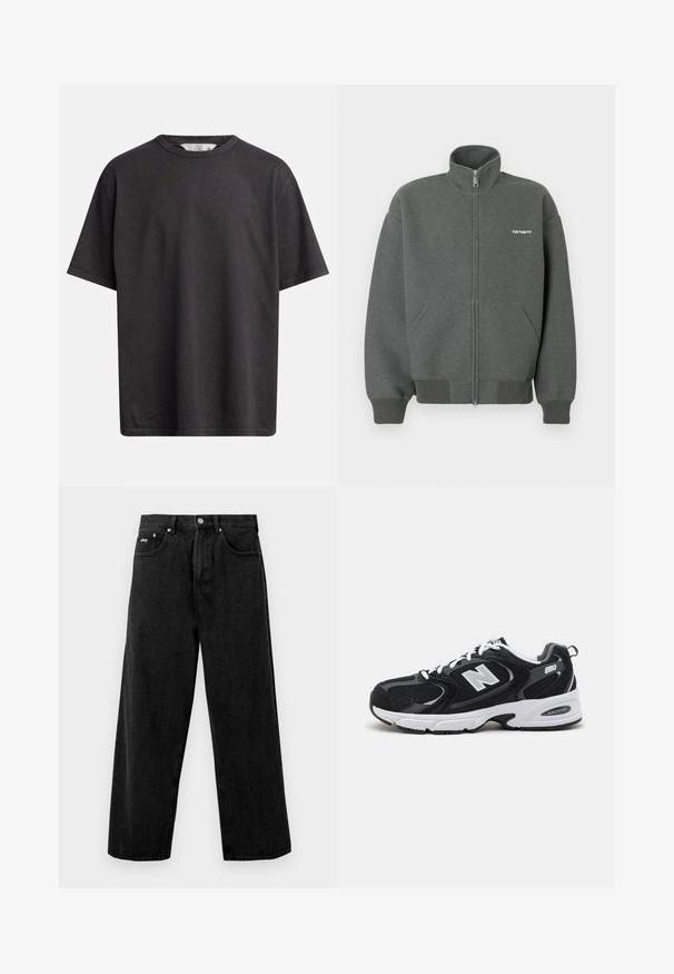 Tumši pelēka rāvējslēdzēja sporta jaciņa no mīksta auduma. Aprīkota ar augstu apkakli, divām priekšējām kabatām un mazu baltu logotipu uz krūtīm.; Tumši pelēks kokvilnas t-krekls ar apaļu kakla izgriezumu, īsām piedurknēm un vaļēju piegriezumu ar redzamām šuvēm.; Melni plati bikses, izgatavotas no denima, ar pogu aizdari un priekšējām kabatām. Diskrēts zīmola logo uz jostas. Matēta tekstūra.; Melnas un pelēkas sporta kurpes ar acs un zamša augšu, ar baltu starpsole, auklām un uz sāniem izteiksmīgu "N" logo.