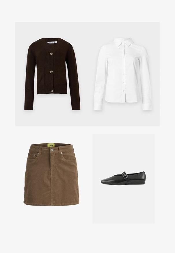 Braune Strickjacke mit V-Ausschnitt, vier metallischen Knöpfen und zwei Taschen vorne. Gerippte Bündchen und Saum; aus einem weichen Stoff gefertigt.; Weißes langärmeliges Hemd mit spitzem Kragen, geradem Saum und taillierter Silhouette, auf hellem, einfarbigem Hintergrund dargestellt.; Brauner Cord-Minirock mit vorderer Knopfleiste und Reißverschluss, Gürtelschlaufen und vorderen Taschen, mit gelbem JJXX-Label im inneren Taillenbund.; Schwarze Lederflachschuhe mit spitzem Zehenbereich, ausgestattet mit einem metallischen Riemen über dem Spann und einer niedrigen, flexiblen Sohle.