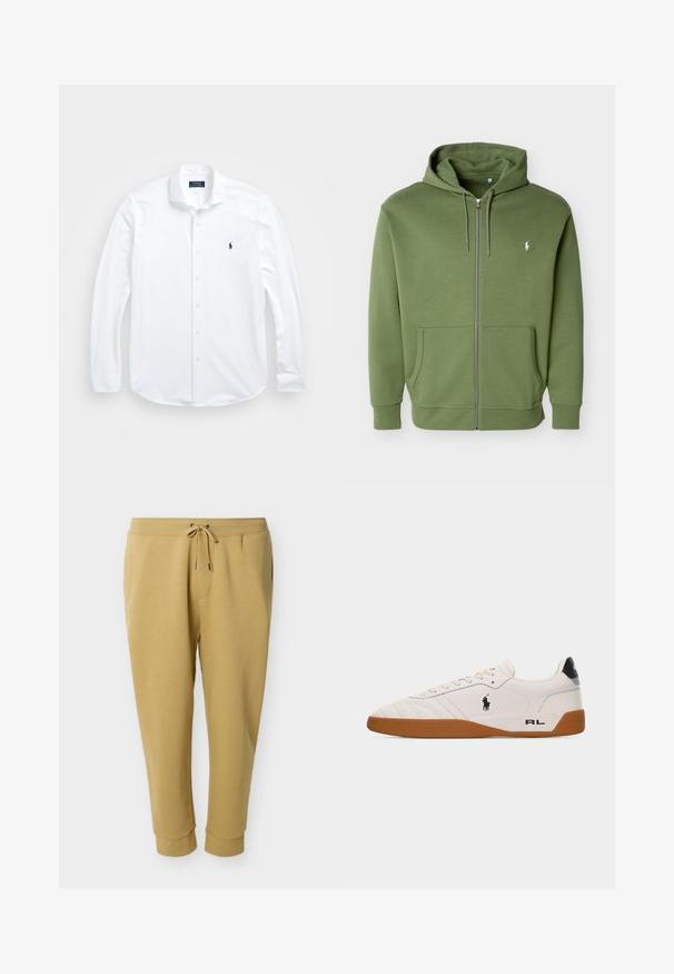 Olivengroene hoodie met rits, capuchon met trekkoord, voorzakken en een klein wit Polo Ralph Lauren-logo op de linkerborst.; Witte lange mouwen knoopshirt van katoen. Heeft een klassieke kraag, normale pasvorm en een klein marineblauw logo op de borst.; Lichtbruine joggerbroek met een trekkoord in de taille, omslag aan de enkels, zijzakken en een klein wit polo-spelerlogo op de rechterdij.; Witte lage sneaker met een bruine rubberen zool, zwart Polo Ralph Lauren-logo aan de zijkant en de tekst "RL" op het hielgedeelte.