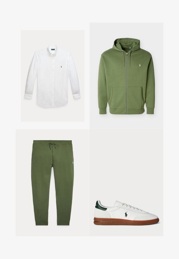 Olive rohelise värviga lukuga dressipluus nööriga kapuutsiga, esimesed taskud ja väike valge Polo Ralph Laureni logo vasakul rinnal.; Valge pikkade varrukatega nööbitav särk kraega ja väikese tumesinise Polo Ralph Laureni logoga rinnal tikandina.; Oliivrohelised püksid reguleeritava nöörkinnisvöökohaga ja väikese valge tikitud logoga paremal reiel.; Valge nahast tenniseking rohelise kandmises rõhuasetusega, tekstuuriga sametpaneel, kummist tallad ja tikitud logo küljes. Omab paelaga kinnitust.