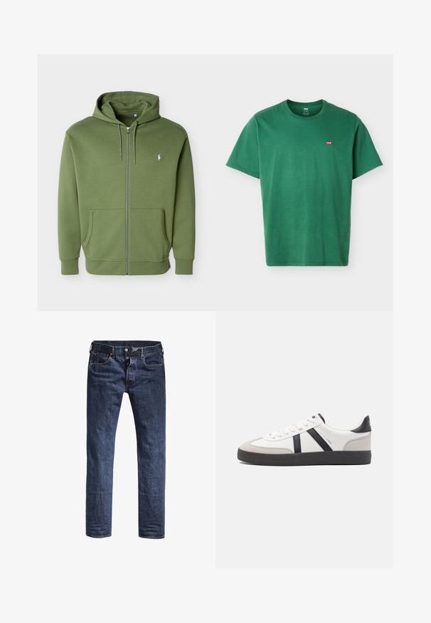 Olivovo zelená mikina na zips s kapucňou so šnúrkami, prednými vreckami a malým bielym logom Polo Ralph Lauren na ľavej strane hrudníka.; Zelené tričko s krátkym rukávom a okrúhlym výstrihom s malým červeným logom Levi's na ľavej strane hrudníka, zobrazené na jednoduchom svetlom pozadí.; Tmavomodré džínsy s úzkym strihom, piatimi vreckami a štandardným pásom. Obsahujú viditeľný steh a kovové akcenty.; Biele tenisky s čiernymi a šedými akcentmi, s textúrovanou šedou špičkou, čiernou gumovou podrážkou a plochými bielymi šnúrkami. Čistý dizajn, minimalistický štýl.