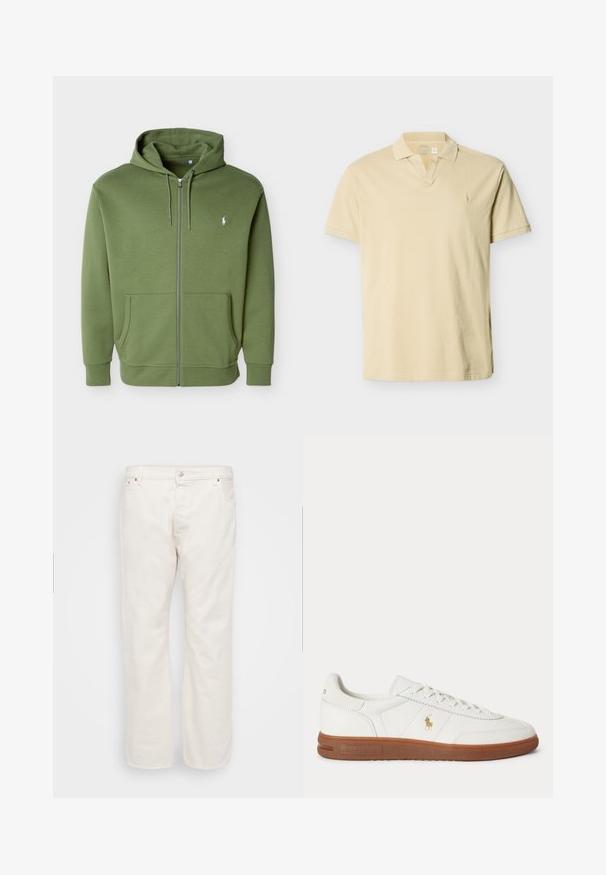 Olivengroene hoodie met rits, capuchon met trekkoord, voorzakken en een klein wit Polo Ralph Lauren-logo op de linkerborst.; Beige polo met korte mouwen, een geribde kraag, V-hals en een subtiel geborduurd logo op de linkerborst.; Witte denim jeans met een rechte pasvorm, voorzien van een knoopsluiting, riemlussen en twee zijzakken. Gladde textuur, minimalistische details.; Witte lage sneaker met bruine zool, veters aan de voorkant en klein gouden Polo Ralph Lauren-logo aan de zijkant.