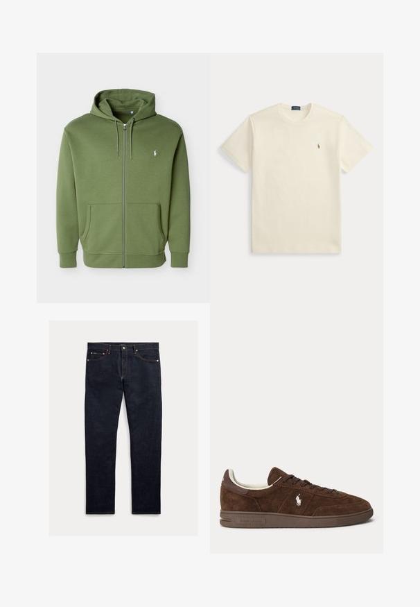 Olivgrüner Kapuzenpullover mit Reißverschluss, Kordelzugkapuze, Fronttaschen und kleinem weißen Polo Ralph Lauren Logo auf der linken Brust.; Cremefarbenes Polo Ralph Lauren T-Shirt mit kurzen Ärmeln, Rundhalsausschnitt und kleinem besticktem Logo auf der linken Brust.; Dunkle Jeans aus Denim mit geradem Schnitt, fünf Taschen, orangefarbener Naht und Knopfleiste. Das Gewebe hat eine glatte Textur.; Brauner Wildleder-Low-Top-Sneaker mit dunkelbrauner Sohle, Schnürsenkeln und weißem besticktem Polo-Logo an der Seite.