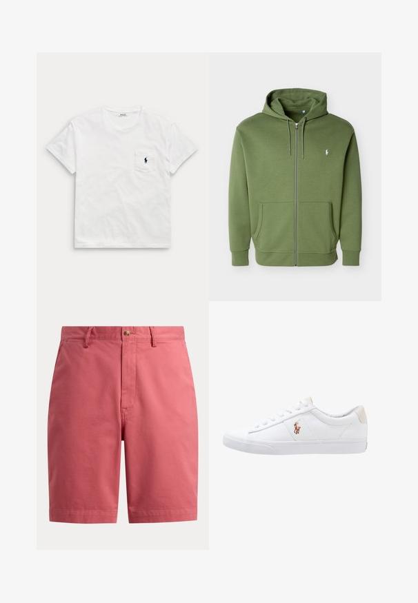 Olive rohelise värviga lukuga dressipluus nööriga kapuutsiga, esimesed taskud ja väike valge Polo Ralph Laureni logo vasakul rinnal.; Valge lühikeste varrukatega ümar kaelusega T-särk rinnataskuga, millel on väike tume polo mängija logo.; Meeste korallroosad põlveni püksid, millel on nööpidega sulgemine, vööaasad ja esimesed küljetaskud, valgel taustal esitatud.; Valge kanvasest tennis, madala lõikega disain, millel on beež kontsapink ja väike tikitud logo küljel. Kummi välissole.
