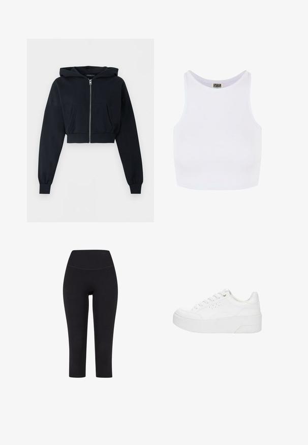 Sort cropped hættetrøje med lynlås foran, kengurulomme, lange ærmer og ribkant ved ærmeenderne på ensfarvet baggrund.; Hvid ribbet cropped tanktop med brede skulderstropper og en rund udskæring. Har en blød tekstur og et minimalistisk design uden mønstre.; Sorte capri leggings lavet af strækbart stof, med en høj talje og uden synlige mønstre eller hardware.; Hvid platform-sneaker med snørelukning foran, perforerede detaljer på siden og tyk sål, vist fra ydersiden på en hvid baggrund.