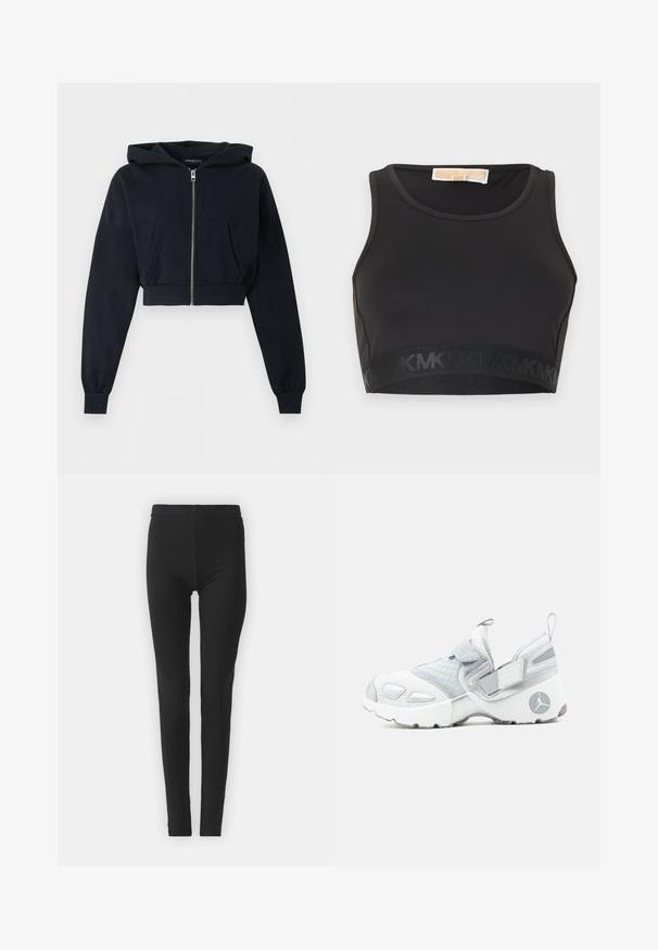 Zwarte cropped hoodie met ritssluiting aan de voorkant, kangoeroezak, lange mouwen en geribde boorden op een effen achtergrond.; Zwarte sport-bh gemaakt van gladde stof, met een ronde halslijn en een elastische band aan de onderkant met een logo-accent.; Zwarte, rekbare leggings met een strakke pasvorm, uitgerust met een hoge tailleband en een gladde textuur. Geen zichtbare patronen of hardwaredetails.; Witte en grijze atletische instapsneaker met mesh, doorgestikt textiel, verstelbare riemen en een circulair logo op de hak.