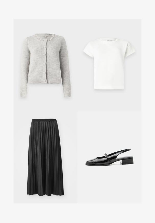 Lysegrå cardigan med rund hals, knaplukning, ribbet kant og udsmykket halslinje med perlelignende accenter. Blød tekstur.; Ensfarvet hvid T-shirt med korte ærmer og rund halsudskæring, med en lige kant, vist på en lys grå baggrund.; Sort plisseret maxiskørt med en glat tekstur og elastisk talje, der har lodrette folder som skaber volumen og bevægelse.; Sort laklæderslingback-sko med lav blokhæl og tynd rem med sølvspænde over toppen.