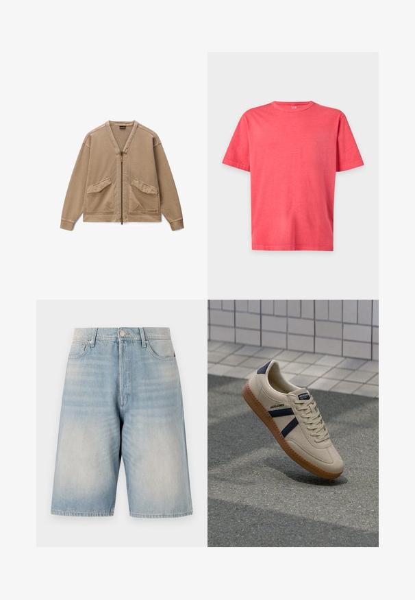Beige jakke med lynlås, V-hals, lange ærmer, to forlommer med flapper og synlige syninger langs sømmene, lagt fladt på hvid baggrund.; Simpel lys koral pink t-shirt med korte ærmer og rund hals med normal pasform på hvid baggrund.; Lyseblå denimshorts med en afslappet pasform. Har knaplukning, bæltestropper og to forlommer. Aftaget tekstur over det hele.; Beige sneaker med struktureret overflade, marineblå striber og gummisål. Har en polstret tunge og traditionelt snørresystem for en sikker pasform.