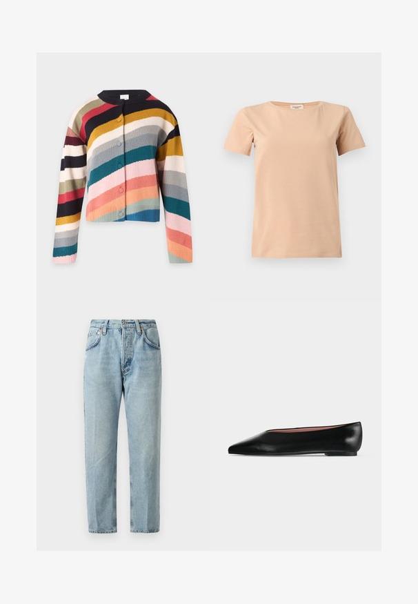 Cardigan med knapper og lange ærmer, der har brede vandrette striber i senneps-, blågrøn-, lyserøde, koral-, blå, sort, hvid og grå farver.; Beige kortærmet T-shirt med rund halsudskæring og lige kant på en ensfarvet lysegrå baggrund.; Lysblå denimjeans med lige ben, fem lommer og let slid. Har en knaplukning og bæltestropper.; Sort damesko i læder med flad hæl og spids tå, vist fra siden på en ensfarvet lys grå baggrund.