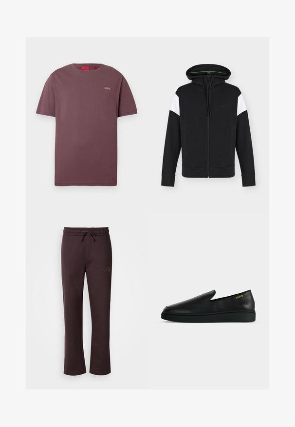 Sweat à capuche zippé noir avec des empiècements blancs sur le haut des manches, poches avant, capuche avec cordon et logo discret "BOSS" sur la poitrine.; T-shirt bordeaux à manches courtes avec petit logo « HUGO » sur la poitrine à gauche et étiquette intérieure rouge au col.; Pantalon de survêtement marron foncé avec une taille élastique, un cordon de serrage, des poches latérales et le logo "HUGO" imprimé sur la jambe gauche. Texture douce.; Chaussure noire en cuir à enfiler avec semelle épaisse et marquage "HUGO" en or près du talon sur un fond uni gris clair.