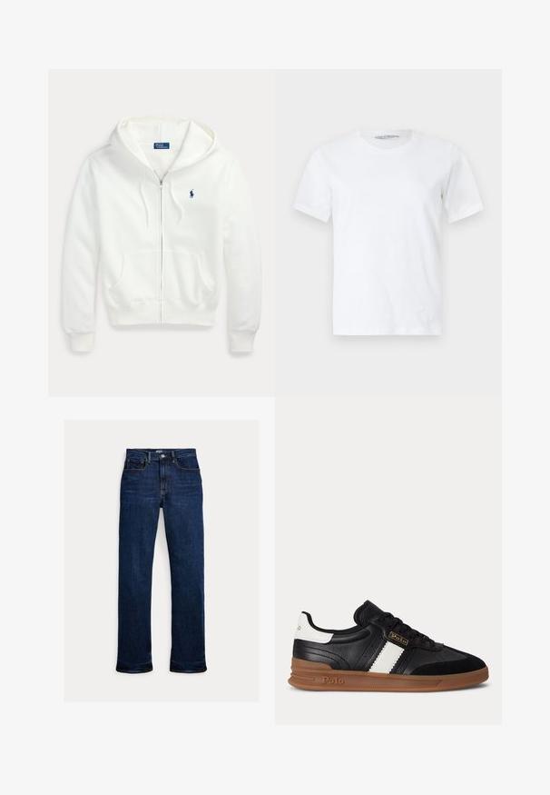 Valkoinen vetoketjullinen huppari, jossa edessä taskut, nyörillinen huppu ja pieni sininen Polo Ralph Lauren -logo rinnassa.; Yksinkertainen valkoinen lyhythihainen pyöreäkauluksinen t-paita asetettuna tasaisesti vaalealle taustalle, edestä näkyvällä pienellä näkyvällä merkkilapulla kauluksen sisällä.; Tummansiniset suoralahkeiset farkut, joissa edessä nappi ja vetoketju, viiden taskun malli ja näkyvät ompeluompeleet.; Musta nahkainen lenkkari, jossa valkoinen raita, ruskea kumipohja ja Polo-logo sivussa sekä kannassa, nähtynä ulkopuolelta.