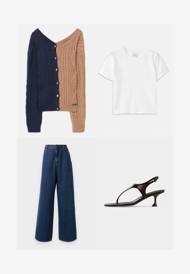 Tofarvet cardigan med marineblå på den ene side og lys brun på den anden. Kabelstrikket design med knapper langs den marineblå side.; Hvid bomulds-t-shirt med rund hals, korte ærmer og lige kant. Mærke med teksten "Won Hundred" placeret i midten af halsudskæringen.; Højtaljede brede jeans i mørkeblå denim med frontknap og lynlås, bæltestropper og sidelommer.; Mørkebrun laklædersandal med rem bagpå, lille hæl og tårem på hvid baggrund.