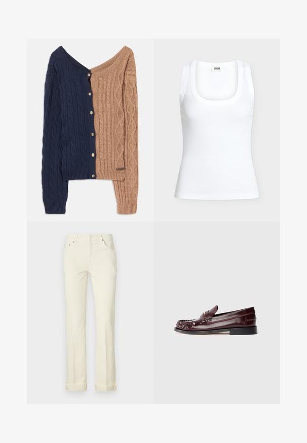 Tofarvet cardigan med marineblå på den ene side og lys brun på den anden. Kabelstrikket design med knapper langs den marineblå side.; Hvid ribstrikket ærmeløs tanktop med rund halsudskæring og mærke DRYKORN på den indvendige bagkrave.; Lys gule straight-leg jeans lavet af bomuld, med fem lomme-design, bæltestropper og opbrettede manchetter ved kanten.; Burgunderfarvet læder penny loafer med sort sål og guldfarvet metal detalje på vamp, vist i sidevisning på hvid baggrund.