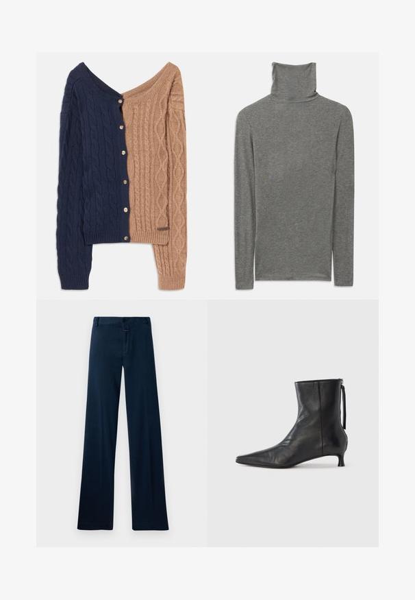 Cárdigan bicolor que presenta azul marino en un lado y marrón claro en el otro. Diseño de punto trenzado con botones a lo largo del lado azul marino.; Camisa de cuello alto de manga larga gris, confeccionada con una tela suave y texturizada. Presenta un diseño de cuello alto y una silueta ajustada.; Pantalones de pierna ancha en azul marino, confeccionados en tejido liso. Cuentan con un cierre frontal de botón, presillas para cinturón y un dobladillo limpio. Sin patrones ni acentos visibles.; Botín de cuero negro con punta afilada, forma estructurada y tacón bajo. Cuenta con cremallera lateral y diseño minimalista.