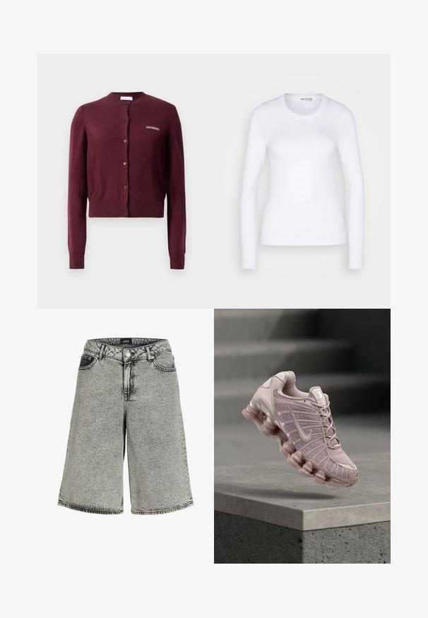 Burgundia kardigan, mis on valmistatud kudumiskangast, ümarate kaeluste, pikate varrukate ja nööpidega sulgemisega, esiosas on "2ND DAY" broderi.; Selected SLFDIANNA O NECK - Pikkade varrukatega topp - bright white; Kergelt mustad narmastega teksashortsid, millel on lõtv lõige, kõrge vöökoht, viie tasku disain ja silmapaistvad õmblused.; Nike Air Max tossud heleroosas toonis, millel on võrgust pealmine osa, polsterdatud keel ning jäme, läbipaistev tald lainekujundusega.