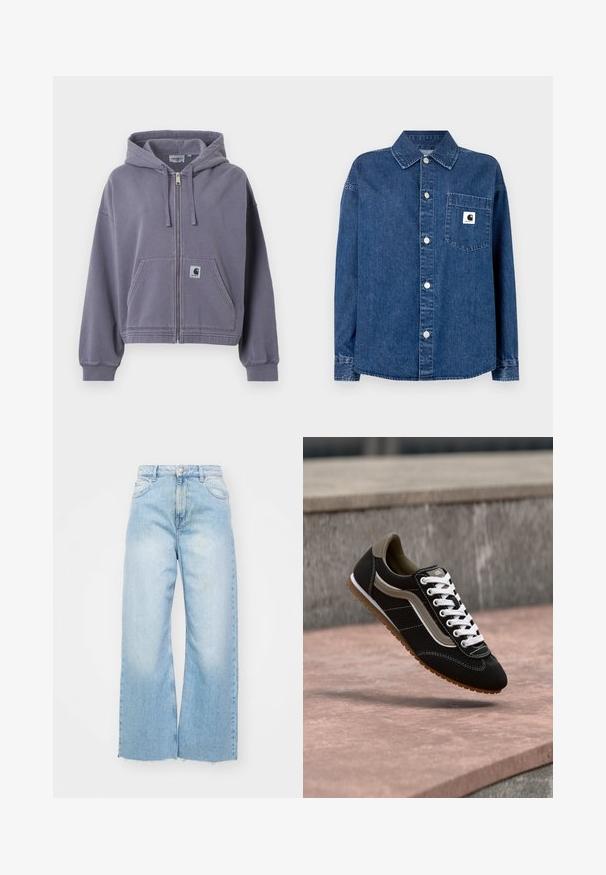 Paarse hoodie met ritssluiting, gemaakt van zacht katoen. Voorzien van een voorzak, verstelbare trekkoordkap en geribbelde manchetten. Inclusief Carhartt-logo patch.; Donkere blauwe denim blouse met knoopsluiting aan de voorkant, puntkraag, lange mouwen en een borstzak met een logopatch. Gladde textuur.; Lichtblauwe wijde spijkerbroeken van denim, met een hoge taille, vervaagde details, een knoopsluiting en een ruwe zoom aan de onderkant.; Zwart-beige sneaker met witte veters en gumzool, zwevend boven een stenen oppervlak met een grijze betonnen achtergrond.