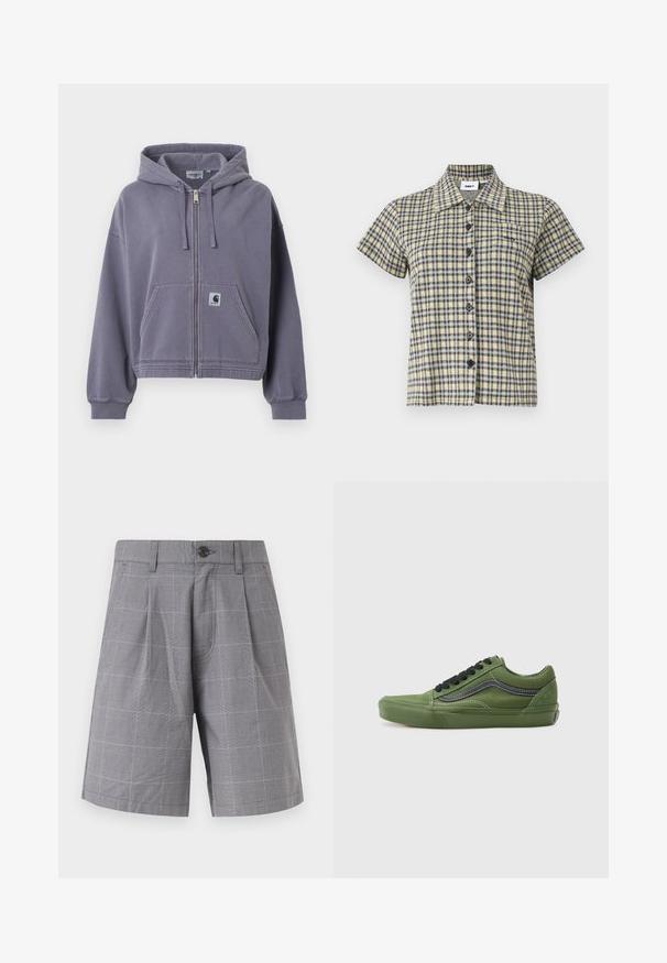 Sudadera con capucha morada con cremallera, hecha de algodón suave. Cuenta con un bolsillo frontal, capucha con cordón ajustable y puños acanalados. Incluye parche con el logo de Carhartt.; Camisa de manga corta con botones, con patrón de cuadros en amarillo, negro y blanco y cuello, mostrada sobre un fondo liso.; Pantalones cortos grises a medida con un sutil patrón de cuadros, pliegues delanteros, trabillas para cinturón, bolsillos laterales y un cierre con un solo botón negro.; Zapatillas de lona verdes con cordones negros y una franja lateral. Presentan una punta redondeada, suela de goma y costuras blancas en contraste. Diseño clásico de zapatilla.