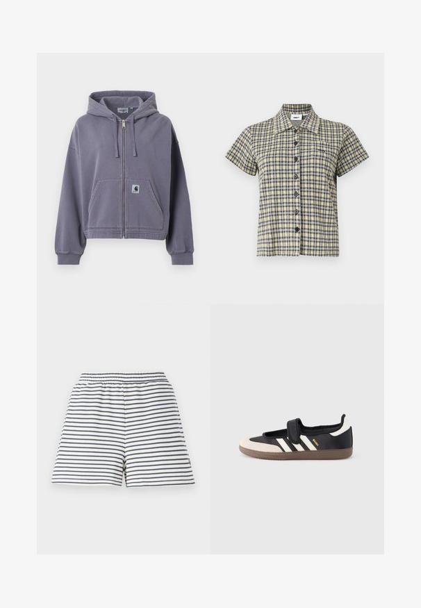 Sweat à capuche violet zippé en coton doux. Comprend une poche avant, une capuche avec cordon de serrage ajustable et des poignets côtelés. Patch logo Carhartt inclus.; Chemise à manches courtes avec motif à carreaux jaune, noir et blanc et un col, présentée sur un fond uni.; Shorts rayés avec un schéma de couleurs blanc et marine, taille élastique, matériau en coton doux et coupe décontractée.; Baskets noires et beiges avec une bride en velcro, trois bandes blanches sur le côté, et une semelle en caoutchouc marron texturée. Logo de la marque visible.