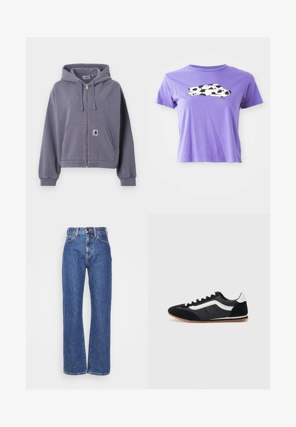 Fialová mikina na zips vyrobená z jemnej bavlny. Má predné vrecko, nastaviteľnú kapucňu so šnúrkou a rebrované manžety. Obsahuje záplatu s logom Carhartt.; Fialové bavlnené tričko s čiernobielym dizajnom kravského grafického motívu. Krátke rukávy a voľný strih s okrúhlym výstrihom.; Modré riflové nohavice so širokým strihom, vysokým pásom, kontrastným šitím a klasickým dizajnom s piatimi vreckami. Textúrovaná tkanina s hladkým povrchom.; Čierna športová obuv s vrchnou časťou z semišu a textilu, bielymi akcentmi, šiestimi okami a gumovou podrážkou. Elegantný tvar s nízkym profilom.