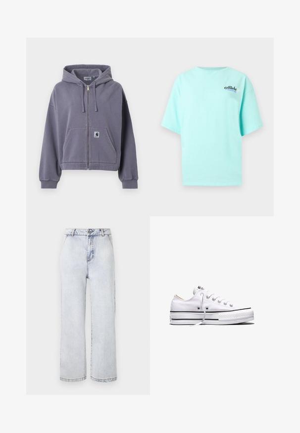 Paarse hoodie met ritssluiting, gemaakt van zacht katoen. Voorzien van een voorzak, verstelbare trekkoordkap en geribbelde manchetten. Inclusief Carhartt-logo patch.; Lichtblauw T-shirt met korte mouwen, met de tekst "Aloha", een golfgrafiek en een kleine witte bloem op de linkerborst.; Lichte blauwe denim wide-leg jeans met een hoge taille, voorzien van een knoopsluiting, rechte zoom en minimale vervaging.; Witte lage canvas sneaker met witte veters, zwarte strepen op de zool en een rubberen, getextureerde neuskap, zijaanzicht op een witte achtergrond.