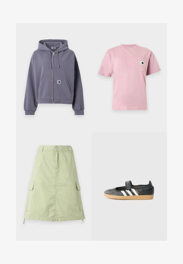 Paarse hoodie met ritssluiting, gemaakt van zacht katoen. Voorzien van een voorzak, verstelbare trekkoordkap en geribbelde manchetten. Inclusief Carhartt-logo patch.; Lichtroze T-shirt met korte mouwen en een borstzakje aan de linkerkant met een klein Carhartt-logo.; Lichtgroene katoenen knie-lange rok met twee zijcargo pockets, een knoopsluiting en een relaxte rechte pasvorm. Effen textuur.; Zwarte leren en suède sneaker met een klittenbandsluiting, voorzien van drie witte strepen en een gumzool, met de naam "SAMBA" aan de zijkant.