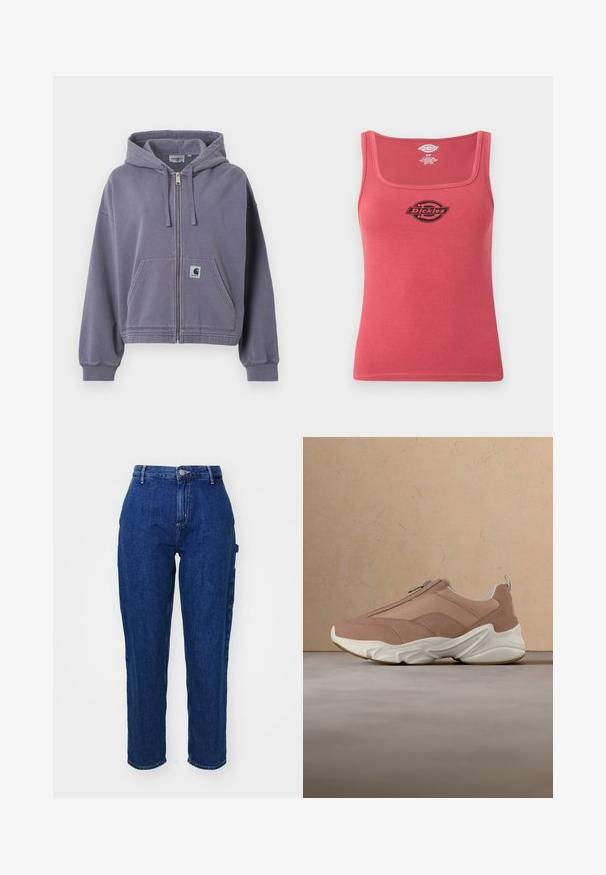 Fialová mikina na zips vyrobená z jemnej bavlny. Má predné vrecko, nastaviteľnú kapucňu so šnúrkou a rebrované manžety. Obsahuje záplatu s logom Carhartt.; Červené rebrované tielko s hranatým výstrihom a čiernym logom Dickies umiestneným v strede na hrudi, veľkosť malá.; Tmavomodré denimové džínsy s vysokým pásom, rovný strih, predným zapínaním na gombík a bočnými vreckami. Hladká textúra s miernym elastickým efektom.; Svetloružová teniska s hrubou bielou podrážkou a zipsom vpredu, vznášajúca sa nad béžovým kobercom a zodpovedajúcou béžovou pohovkou v pozadí.