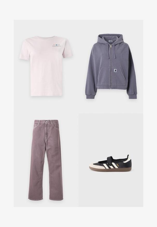 Fialová mikina na zips vyrobená z jemnej bavlny. Má predné vrecko, nastaviteľnú kapucňu so šnúrkou a rebrované manžety. Obsahuje záplatu s logom Carhartt.; Svetloružové bavlnené tričko s krátkymi rukávmi a okrúhlym výstrihom, s farebným logom "Converse" na hrudi.; Široké nohavice v tlmenom odtieni levandule, vyrobené z denimu. Majú päť vreciek, zapínanie na gombík a diskrétne stehenné detaily.; Čierna a béžová teniska s pásikom na suchý zips, tromi bielymi pruhmi na boku a štruktúrovanou hnedou gumovou podrážkou. Viditeľné logo značky.