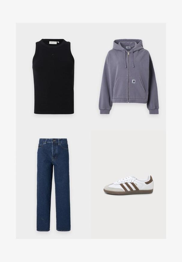 Sweat à capuche violet zippé en coton doux. Comprend une poche avant, une capuche avec cordon de serrage ajustable et des poignets côtelés. Patch logo Carhartt inclus.; Débardeur noir sans manches en tissu côtelé, avec un col rond et un petit logo à l'avant. Design simple et ajusté.; Jean en denim bleu foncé à jambes droites avec poches avant, passants pour ceinture, fermeture par bouton et couture visible sur fond blanc.; Basket Adidas Samba blanche et marron avec trois bandes marron, lacets et semelle texturée, vue de côté sur fond uni.